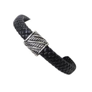 2785 Vintage Woven Leather Bracelet Silver Magnetic Closer Black 8 1/2" Around